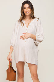 Beige Linen Button Front Maternity Romper