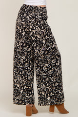 Black Leaf Print Smocked Wide Leg Pants