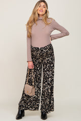 Black Leaf Print Smocked Wide Leg Maternity Pants