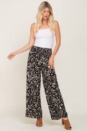 Black Leaf Print Smocked Wide Leg Pants