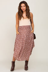 Mauve Floral Smocked Waist Maternity Midi Skirt