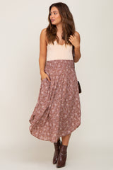 Mauve Floral Smocked Waist Maternity Midi Skirt