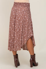 Mauve Floral Smocked Waist Maternity Midi Skirt