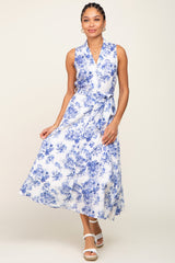 White Floral Button Front Collared Midi Dress