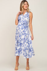 White Floral Button Front Collared Maternity Midi Dress