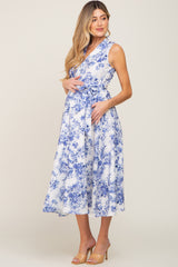 White Floral Button Front Collared Maternity Midi Dress