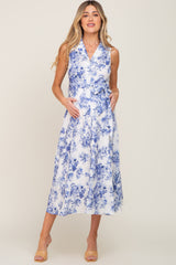 White Floral Button Front Collared Maternity Midi Dress