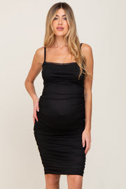 Black Ruched Mesh Square Neck Maternity Midi Dress