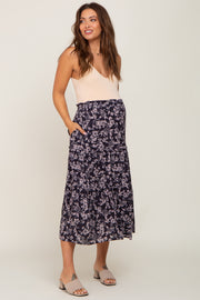 Charcoal Floral Tiered Maternity Midi Skirt