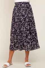 Charcoal Floral Tiered Midi Skirt