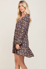 Black Floral Button Front Long Sleeve Dress