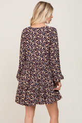 Black Floral Button Front Long Sleeve Dress