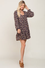 Black Floral Button Front Long Sleeve Dress