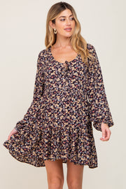 Black Floral Button Front Long Sleeve Maternity Dress