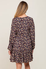 Black Floral Button Front Long Sleeve Maternity Dress