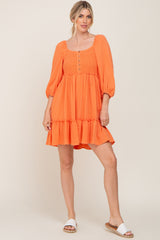 Orange Smocked Button Front Dress