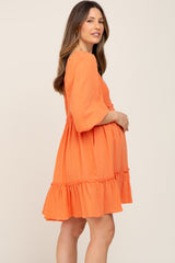 Orange Smocked Button Front Maternity Dress