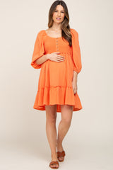 Orange Smocked Button Front Maternity Dress