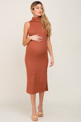 Rust Sleeveless Ribbed Brush Knit Cowl Neck Maternity Midi Dress