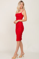 Red Ruched Mesh Square Neck Midi Dress