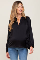 Black Long Puff Sleeve Satin Maternity Blouse