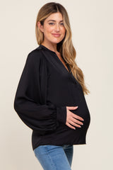 Black Long Puff Sleeve Satin Maternity Blouse