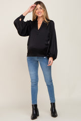 Black Long Puff Sleeve Satin Maternity Blouse