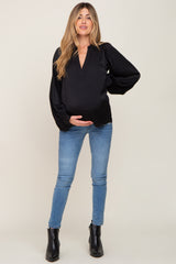 Black Long Puff Sleeve Satin Maternity Blouse