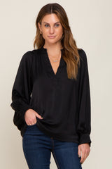 Black Long Puff Sleeve Satin Maternity Blouse