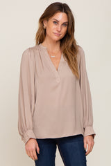 Taupe Long Puff Sleeve Satin Blouse