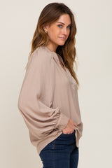 Taupe Long Puff Sleeve Satin Blouse