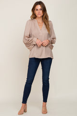 Taupe Long Puff Sleeve Satin Blouse