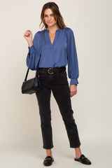 Blue Long Puff Sleeve Satin Blouse