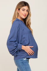 Blue Long Puff Sleeve Satin Maternity Blouse