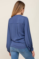 Blue Long Puff Sleeve Satin Maternity Blouse