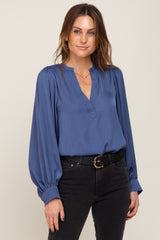 Blue Long Puff Sleeve Satin Blouse