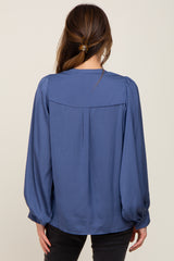 Blue Long Puff Sleeve Satin Blouse