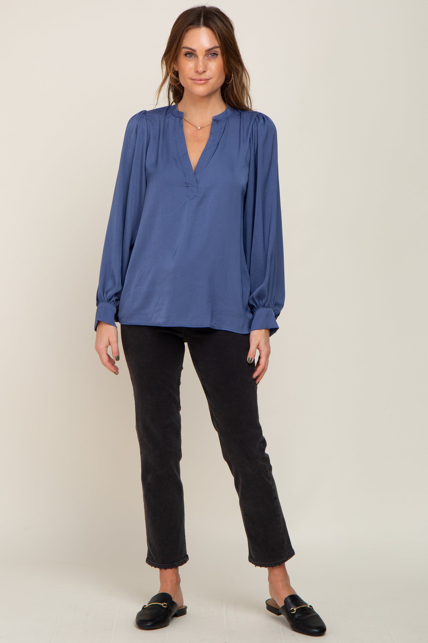 Blue Long Puff Sleeve Satin Blouse – PinkBlush