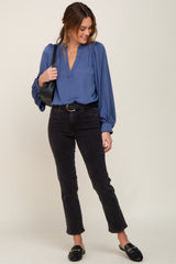 Blue Long Puff Sleeve Satin Blouse