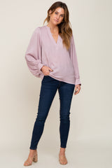 Mauve Long Puff Sleeve Satin Blouse