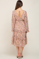 Pink Floral Long Sleeve Ruffle Tiered Maternity Dress