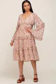 Pink Floral Long Sleeve Ruffle Tiered Dress