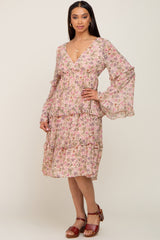 Pink Floral Long Sleeve Ruffle Tiered Dress