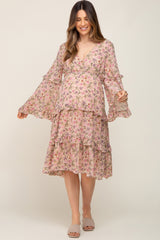 Pink Floral Long Sleeve Ruffle Tiered Maternity Dress