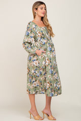 Light Olive Floral Square Neck Maternity Midi Dress