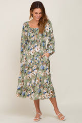 Light Olive Floral Square Neck Midi Dress