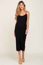 Black Ribbed Sleeveless Maternity Midi Dress