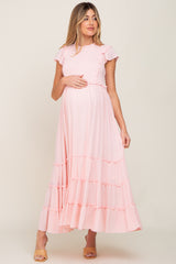 Light Pink Smocked Ruffle Accent Tiered Maternity Maxi Dress