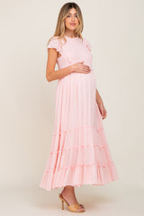 Light Pink Smocked Ruffle Accent Tiered Maternity Maxi Dress