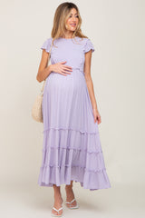 Lavender Smocked Ruffle Accent Tiered Maternity Maxi Dress